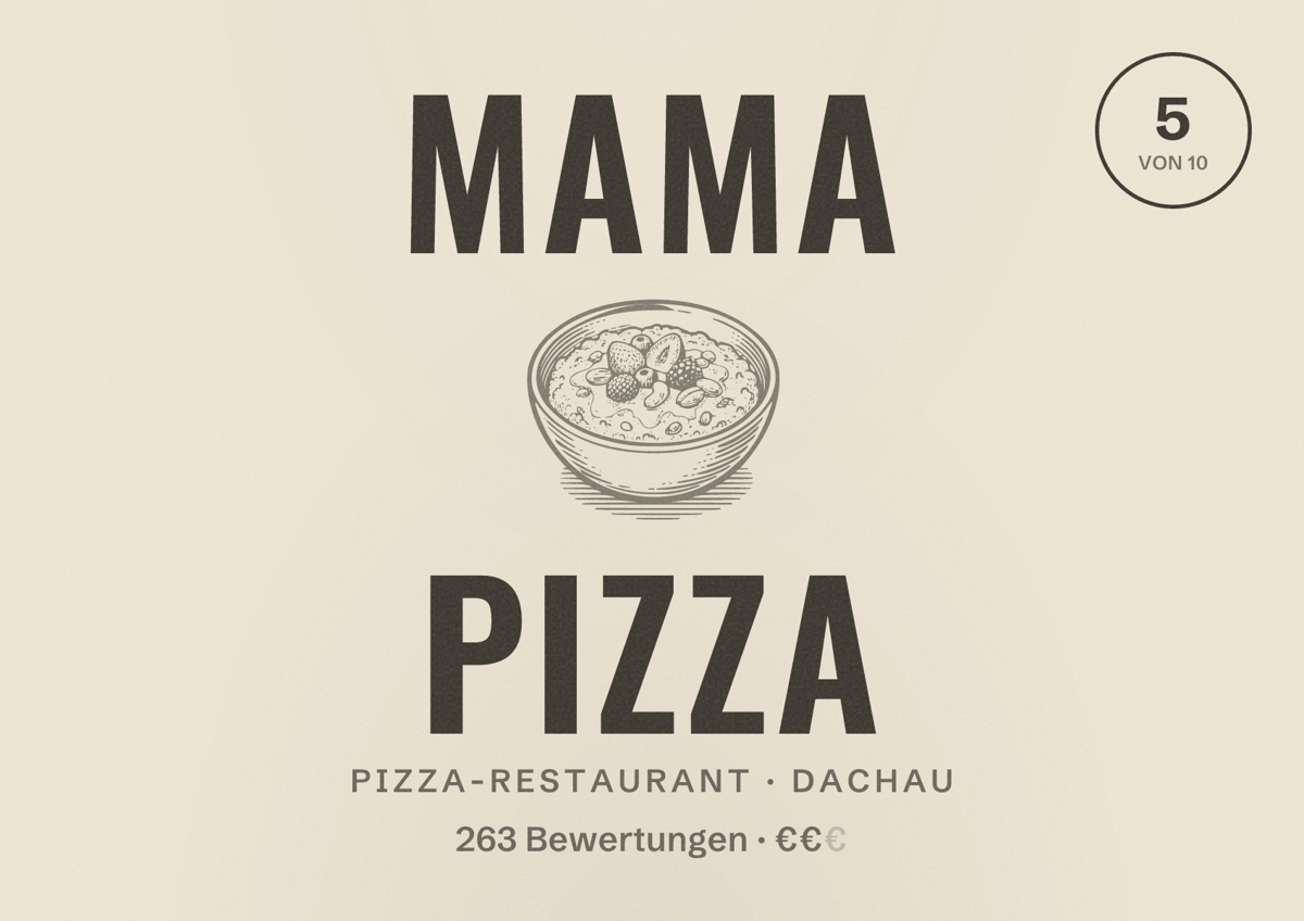 Illustriertes Poster von Mama Pizza, Pizza-Restaurant in Dachau: Bewertung 5 von 10 aus 263 Bewertungen, Preisniveau €€