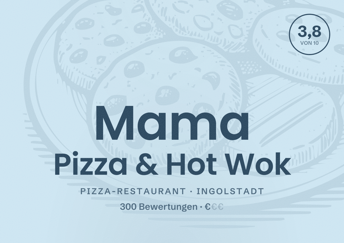 Illustriertes Poster von Mama Pizza & Hot Wok, Pizza-Restaurant in Ingolstadt: Bewertung 3,8 von 10 aus 300 Bewertungen, Preisniveau €
