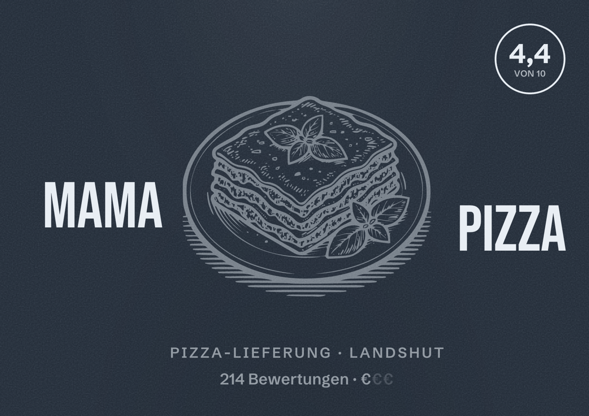 Illustriertes Poster von Mama Pizza, Pizza-Lieferung in Landshut: Bewertung 4,4 von 10 aus 214 Bewertungen, Preisniveau €