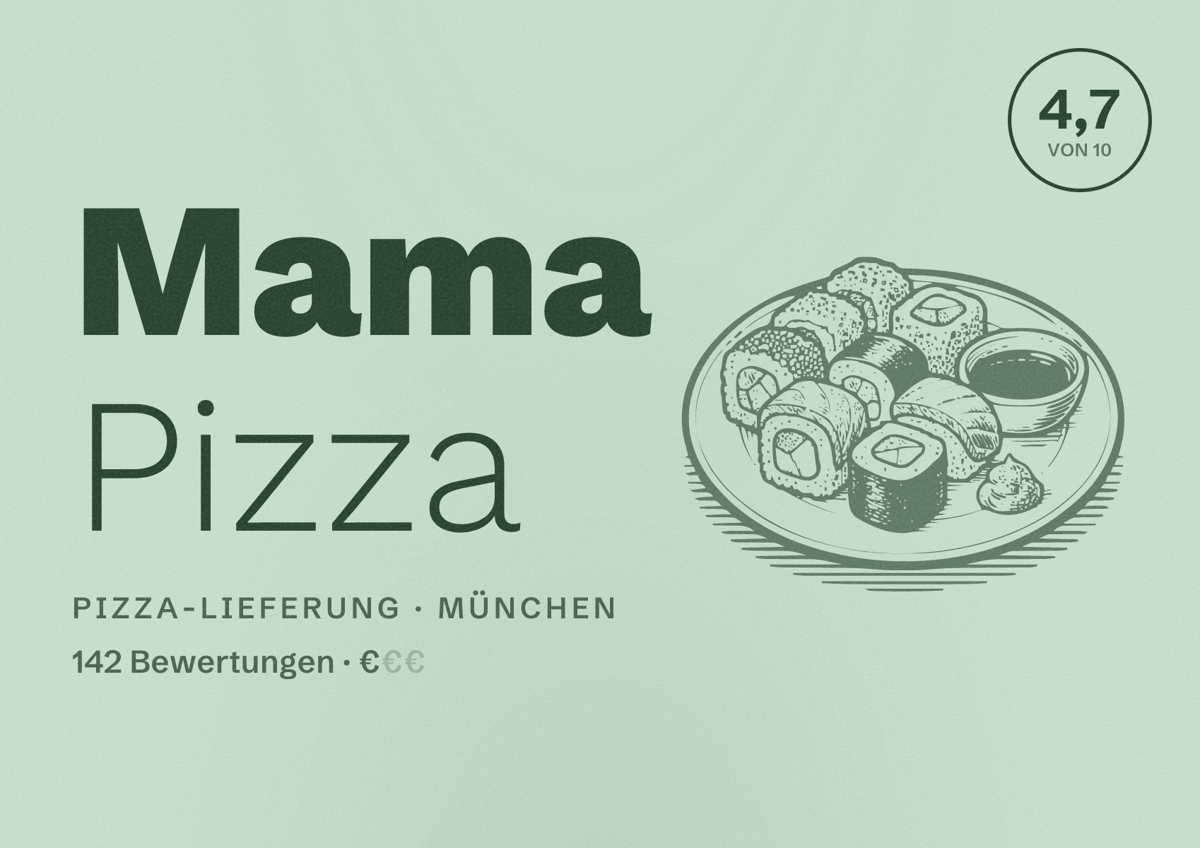 Illustriertes Poster von Mama Pizza, Pizza-Lieferung in München: Bewertung 4,7 von 10 aus 142 Bewertungen, Preisniveau €