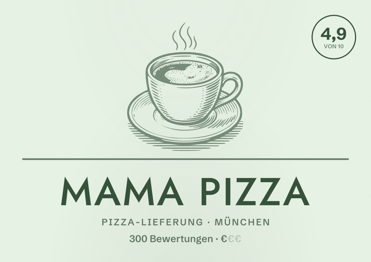 Illustriertes Poster von Mama Pizza, Pizza-Lieferung in München: Bewertung 4,9 von 10 aus 300 Bewertungen, Preisniveau €
