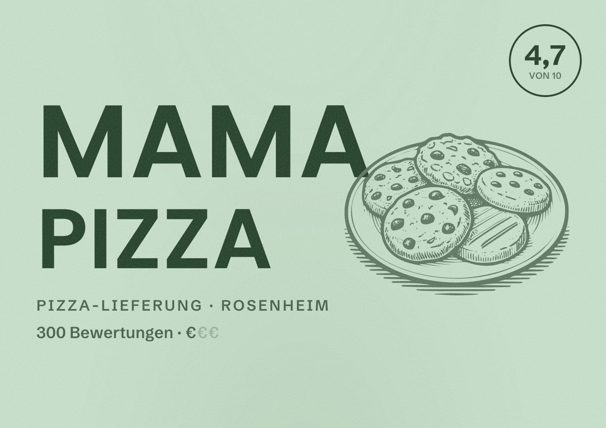 Illustriertes Poster von Mama Pizza, Pizza-Lieferung in Rosenheim: Bewertung 4,7 von 10 aus 300 Bewertungen, Preisniveau €