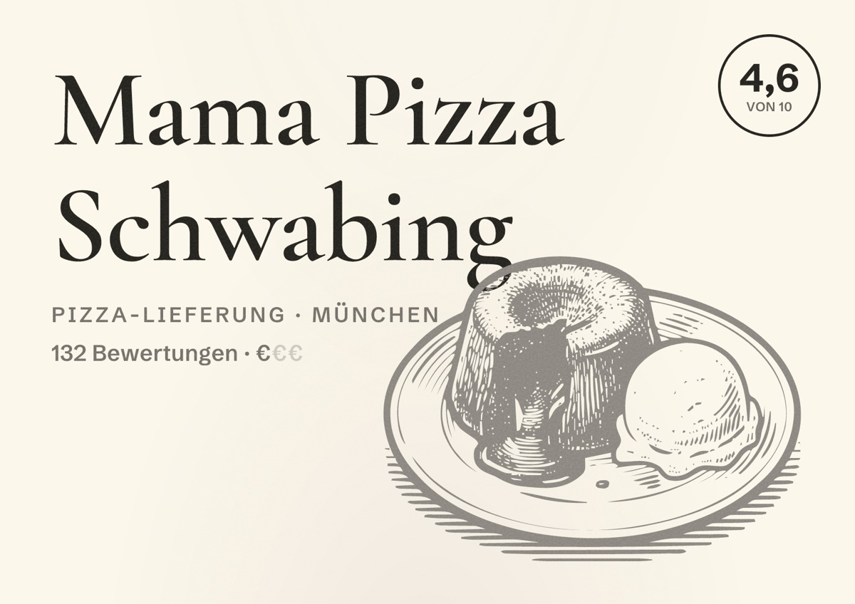 Illustriertes Poster von Mama Pizza Schwabing, Pizza-Lieferung in München: Bewertung 4,6 von 10 aus 132 Bewertungen, Preisniveau €