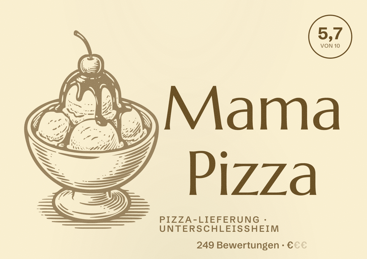Illustriertes Poster von Mama Pizza, Pizza-Lieferung in Unterschleißheim: Bewertung 5,7 von 10 aus 249 Bewertungen, Preisniveau €