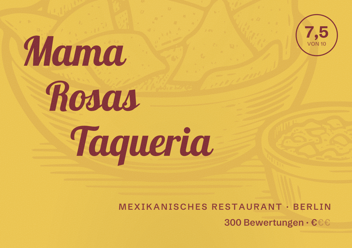 Illustriertes Poster von Mama Rosas Taqueria, Mexikanisches Restaurant in Berlin: Bewertung 7,5 von 10 aus 300 Bewertungen, Preisniveau €