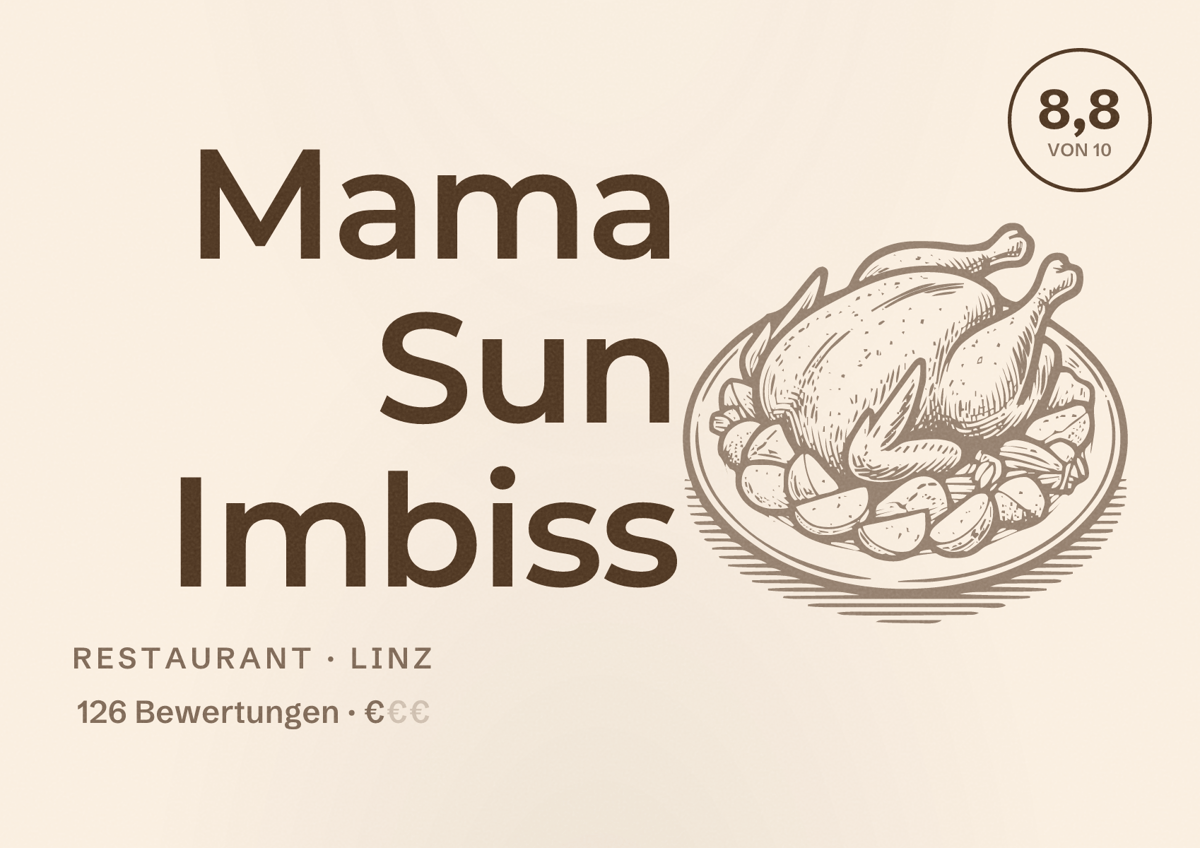 Illustriertes Poster von Mama Sun Imbiss, Restaurant in Linz: Bewertung 8,8 von 10 aus 126 Bewertungen, Preisniveau €
