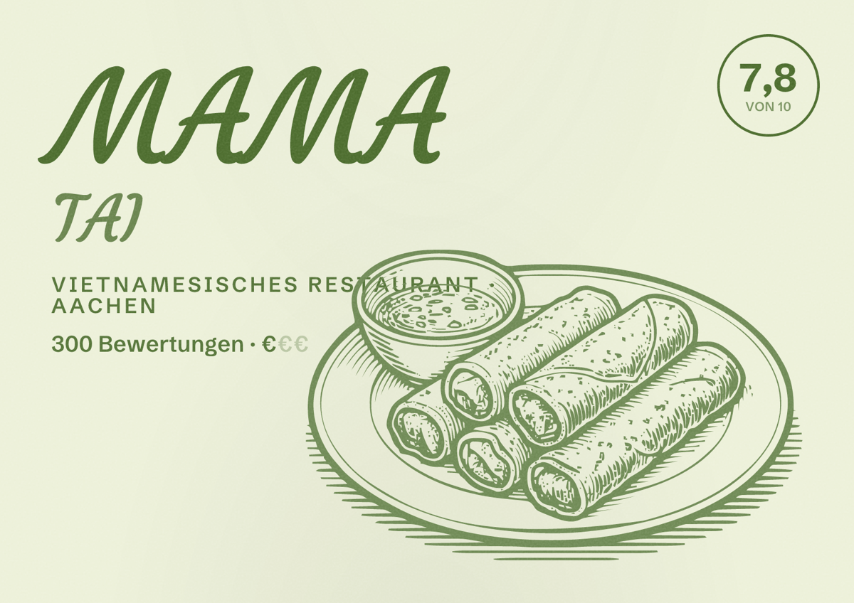 Illustriertes Poster von MAMA TAI, Vietnamesisches Restaurant in Aachen: Bewertung 7,8 von 10 aus 300 Bewertungen, Preisniveau €