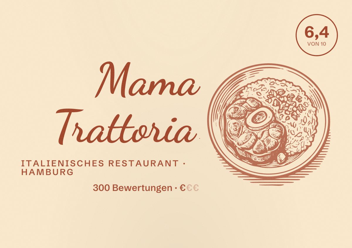 Illustriertes Poster von Mama Trattoria, Italienisches Restaurant in Hamburg: Bewertung 6,4 von 10 aus 300 Bewertungen, Preisniveau €