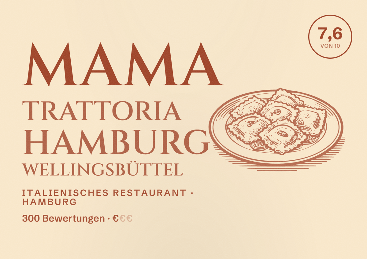 Illustriertes Poster von mama trattoria Hamburg Wellingsbüttel, Italienisches Restaurant in Hamburg: Bewertung 7,6 von 10 aus 300 Bewertungen, Preisniveau €