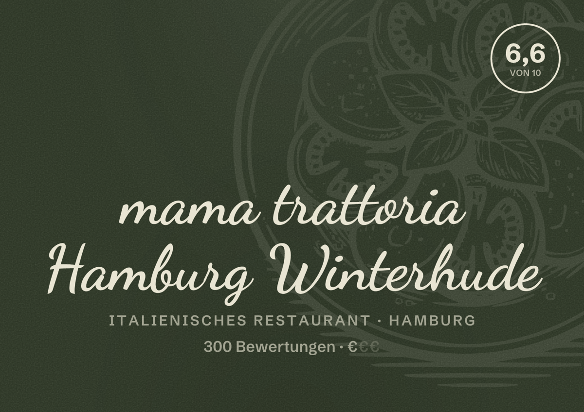 Illustriertes Poster von mama trattoria Hamburg Winterhude, Italienisches Restaurant in Hamburg: Bewertung 6,6 von 10 aus 300 Bewertungen, Preisniveau €