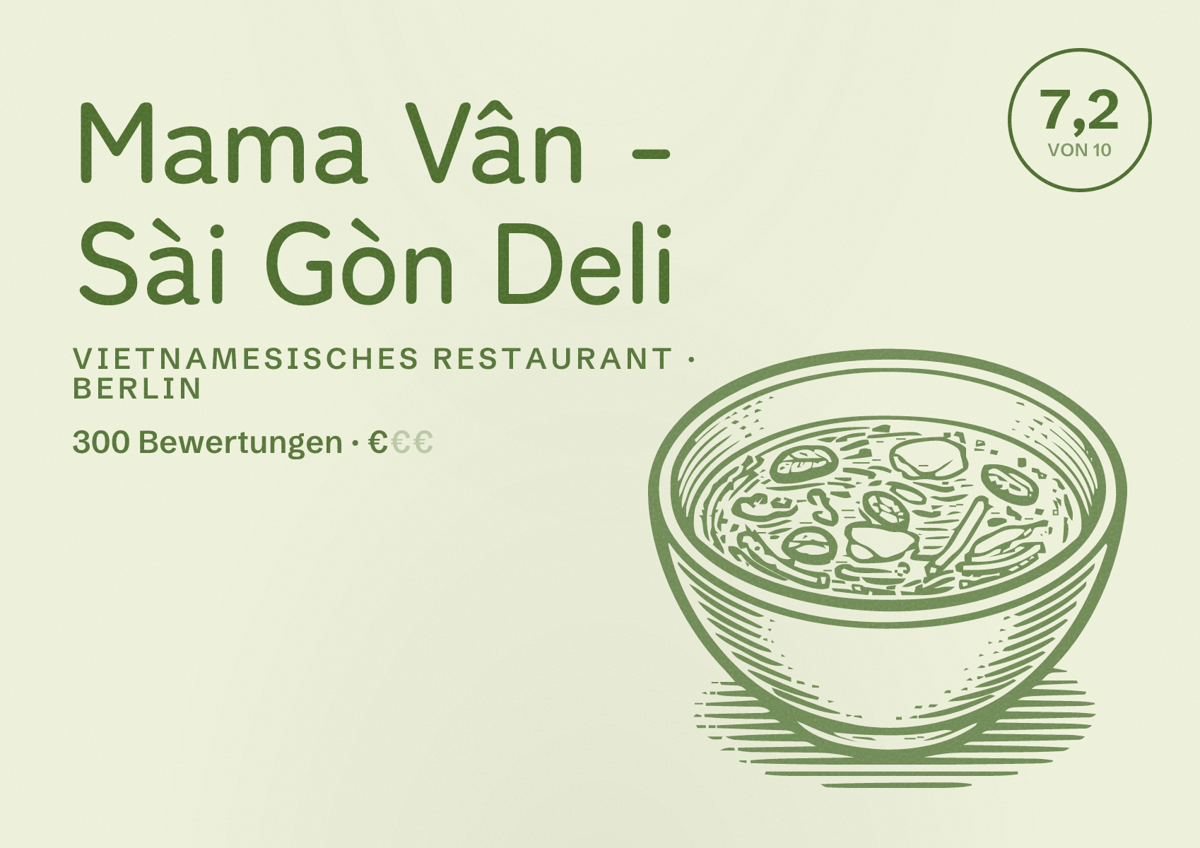 Illustriertes Poster von Mama Vân - Sài Gòn Deli, Vietnamesisches Restaurant in Berlin: Bewertung 7,2 von 10 aus 300 Bewertungen, Preisniveau €