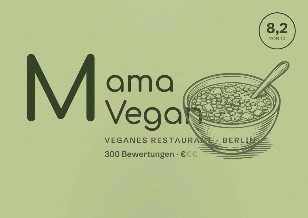 Illustriertes Poster von Mama Vegan, Veganes Restaurant in Berlin: Bewertung 8,2 von 10 aus 300 Bewertungen, Preisniveau €