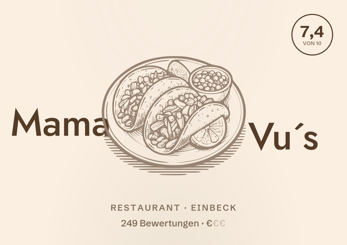 Illustriertes Poster von Mama Vu´s, Restaurant in Einbeck: Bewertung 7,4 von 10 aus 249 Bewertungen, Preisniveau €