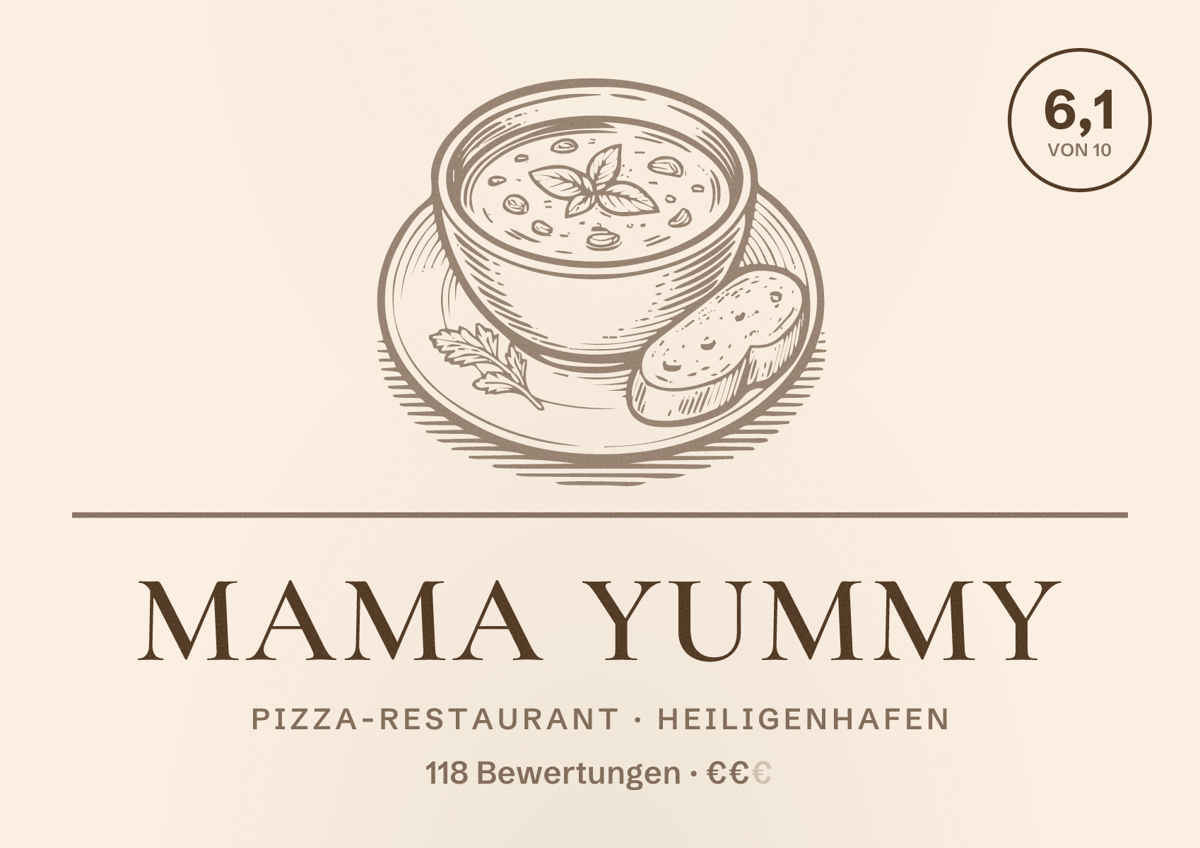 Illustriertes Poster von MAMA YUMMY, Pizza-Restaurant in Heiligenhafen: Bewertung 6,1 von 10 aus 118 Bewertungen, Preisniveau €€