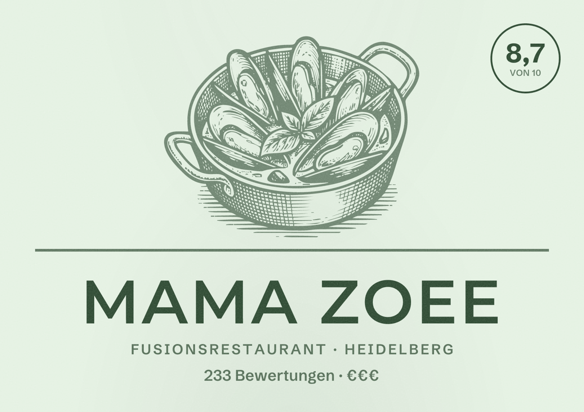 Illustriertes Poster von MAMA ZOEE, Fusionsrestaurant in Heidelberg: Bewertung 8,7 von 10 aus 233 Bewertungen, Preisniveau €€€