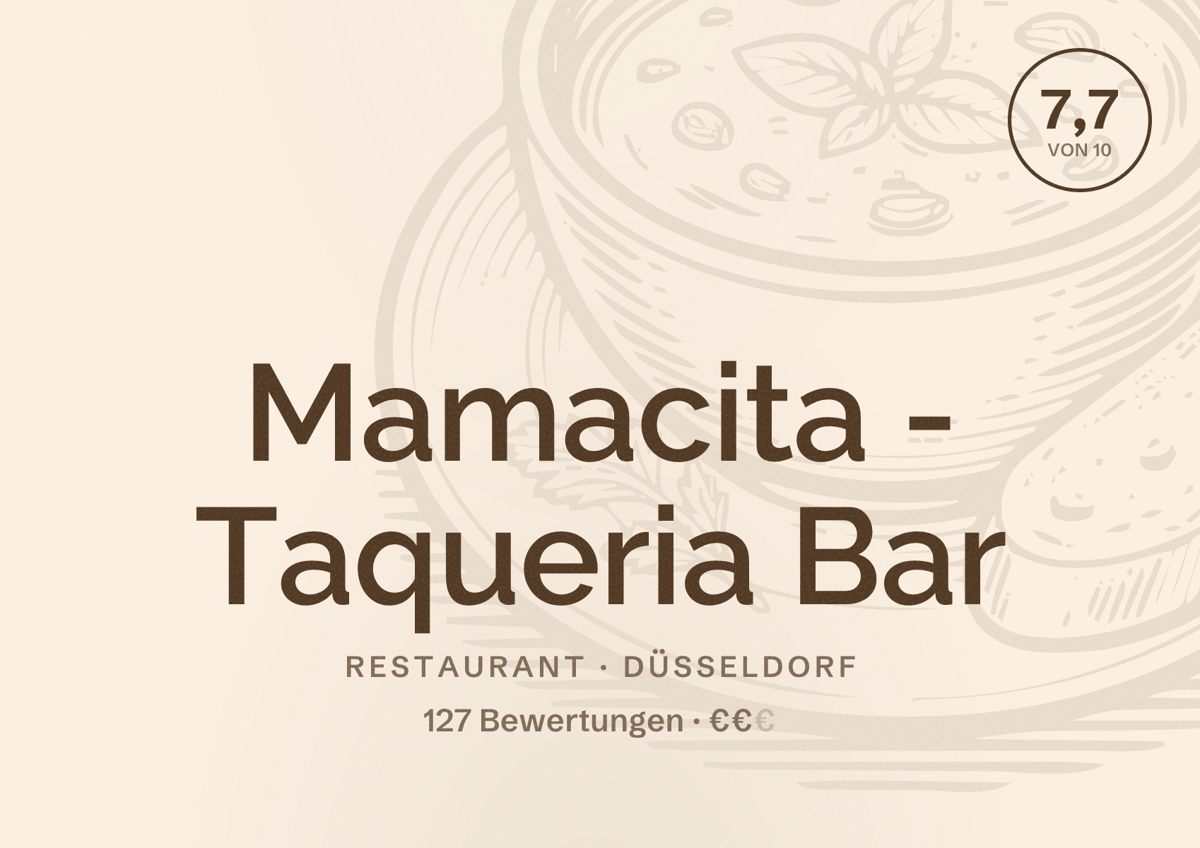 Illustriertes Poster von Mamacita - Taqueria Bar, Restaurant in Düsseldorf: Bewertung 7,7 von 10 aus 127 Bewertungen, Preisniveau €€