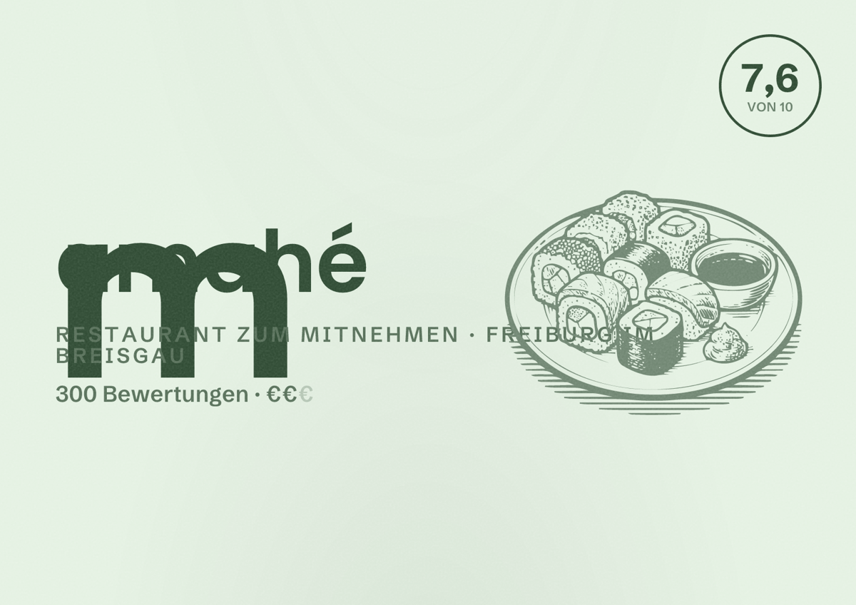 Illustriertes Poster von mamahé, Restaurant zum Mitnehmen in Freiburg im Breisgau: Bewertung 7,6 von 10 aus 300 Bewertungen, Preisniveau €€
