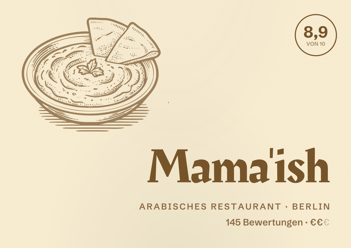 Illustriertes Poster von Mama'ish, Arabisches Restaurant in Berlin: Bewertung 8,9 von 10 aus 145 Bewertungen, Preisniveau €€