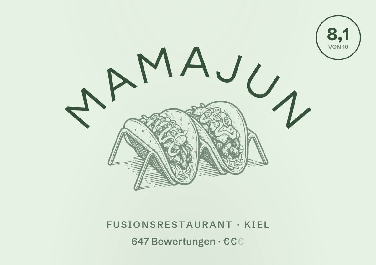 Illustriertes Poster von Mamajun, Fusionsrestaurant in Kiel: Bewertung 8,1 von 10 aus 647 Bewertungen, Preisniveau €€