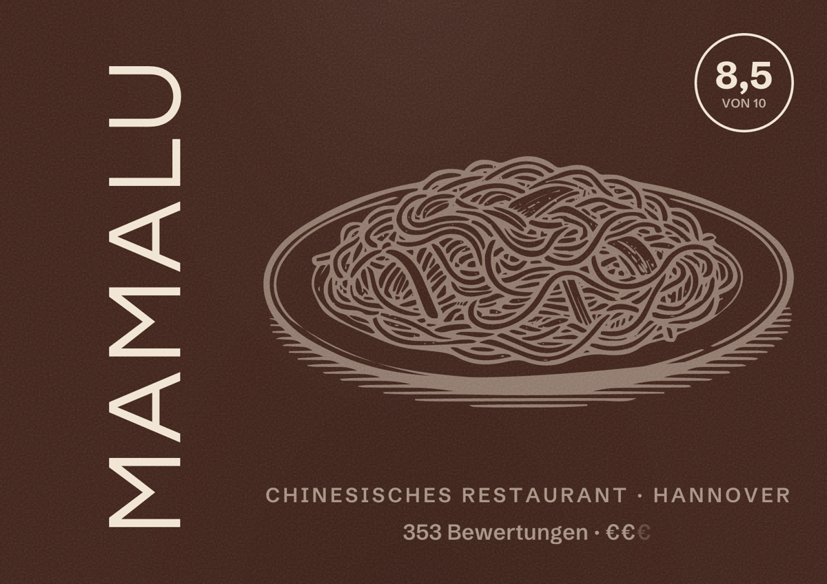 Illustriertes Poster von MamaLu, Chinesisches Restaurant in Hannover: Bewertung 8,5 von 10 aus 353 Bewertungen, Preisniveau €€
