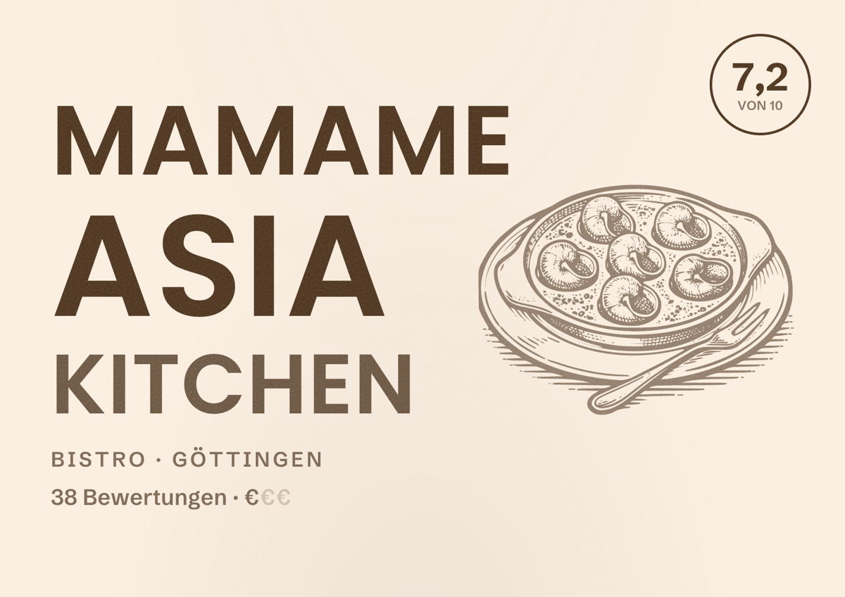Illustriertes Poster von Mamame Asia Kitchen, Bistro in Göttingen: Bewertung 7,2 von 10 aus 38 Bewertungen, Preisniveau €