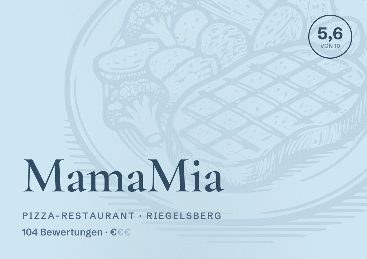 Illustriertes Poster von MamaMia, Pizza-Restaurant in Riegelsberg: Bewertung 5,6 von 10 aus 104 Bewertungen, Preisniveau €