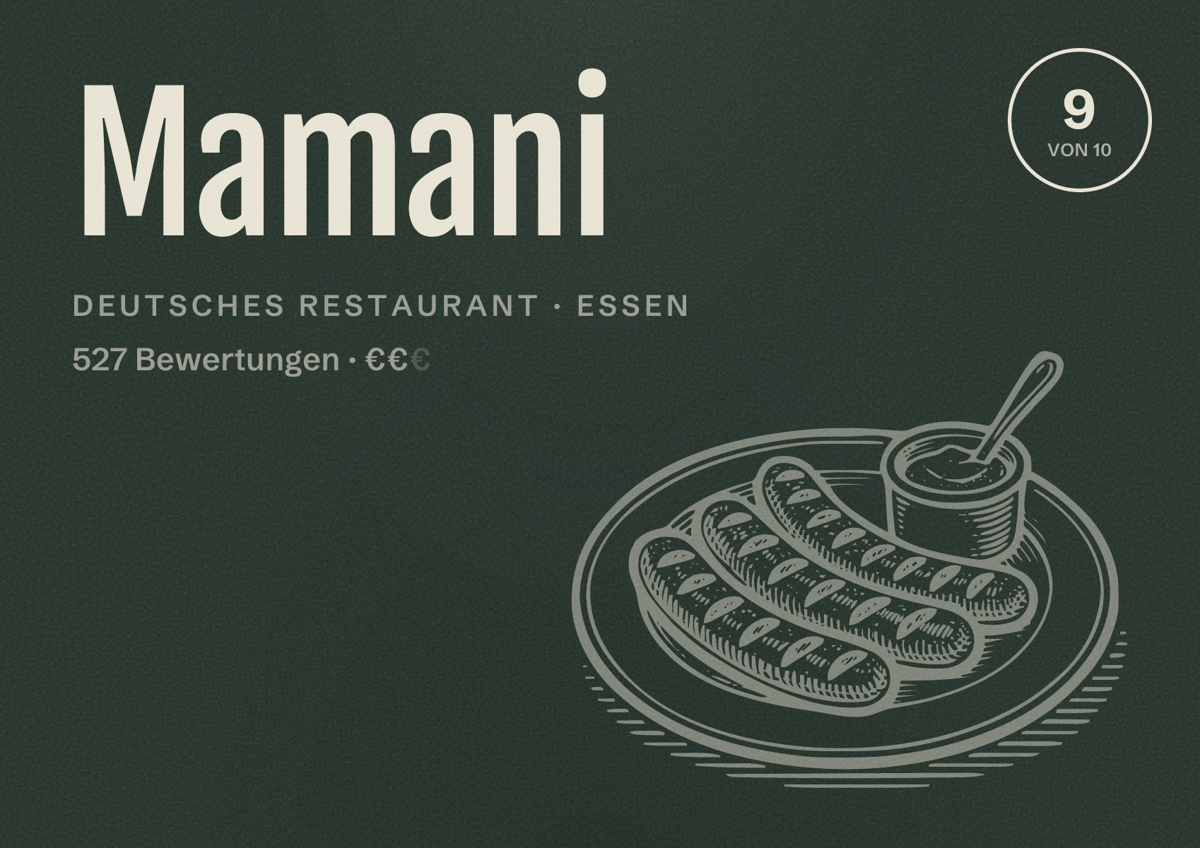 Illustriertes Poster von Mamani, Deutsches Restaurant in Essen: Bewertung 9 von 10 aus 527 Bewertungen, Preisniveau €€