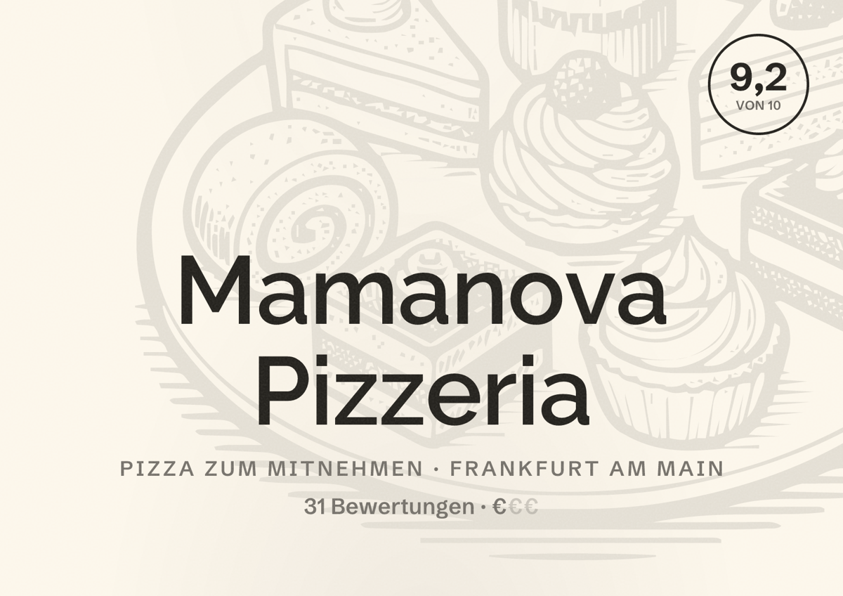 Illustriertes Poster von Mamanova Pizzeria, Pizza zum Mitnehmen in Frankfurt am Main: Bewertung 9,2 von 10 aus 31 Bewertungen, Preisniveau €