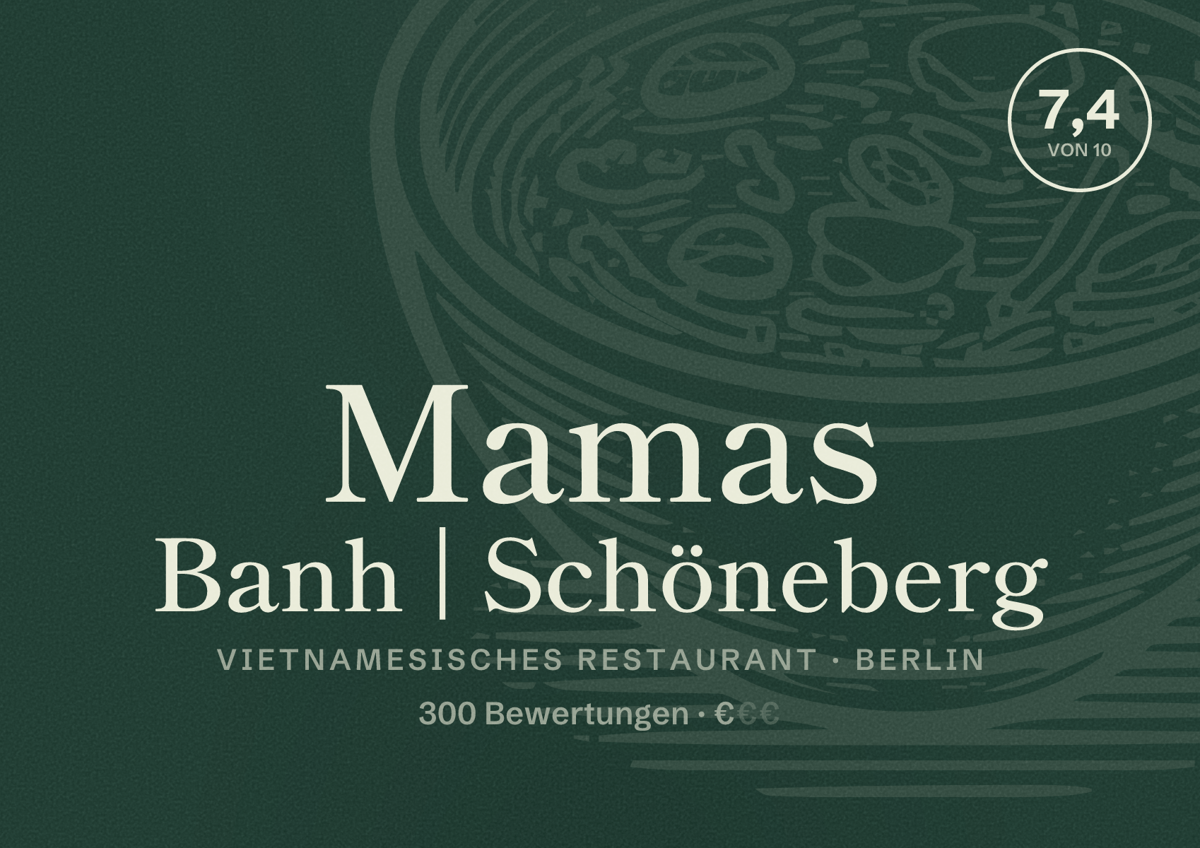 Illustriertes Poster von Mamas Banh | Schöneberg, Vietnamesisches Restaurant in Berlin: Bewertung 7,4 von 10 aus 300 Bewertungen, Preisniveau €