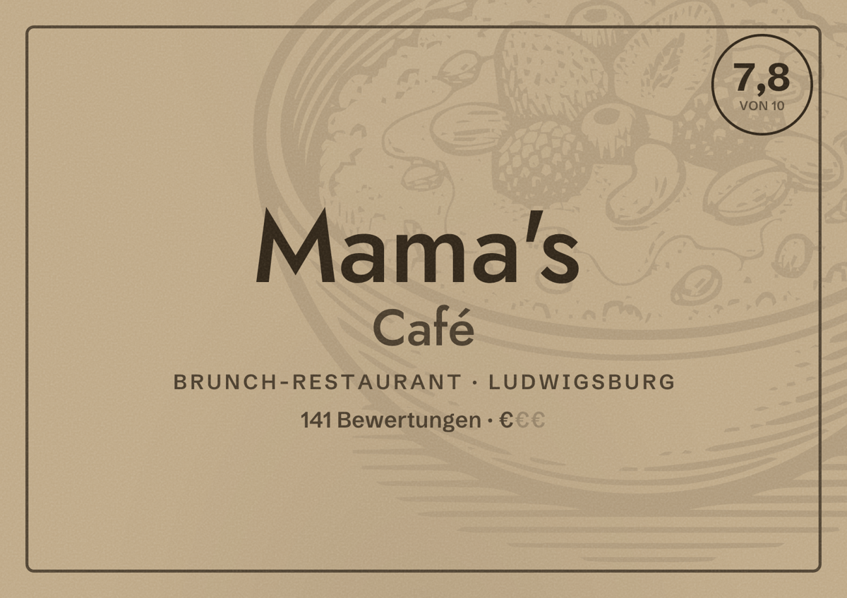 Illustriertes Poster von Mama's Café, Brunch-Restaurant in Ludwigsburg: Bewertung 7,8 von 10 aus 141 Bewertungen, Preisniveau €