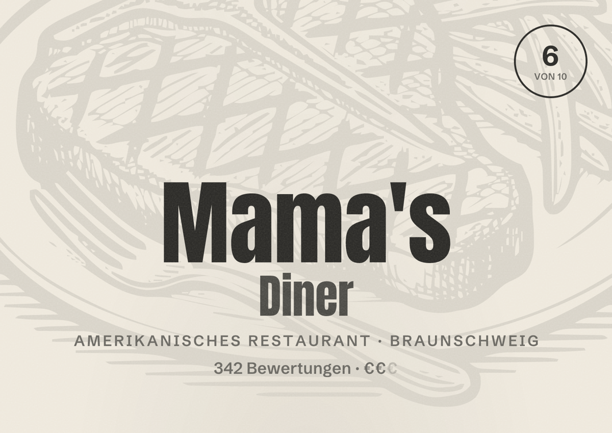 Illustriertes Poster von Mama's Diner, Amerikanisches Restaurant in Braunschweig: Bewertung 6,0 von 10 aus 342 Bewertungen, Preisniveau €€