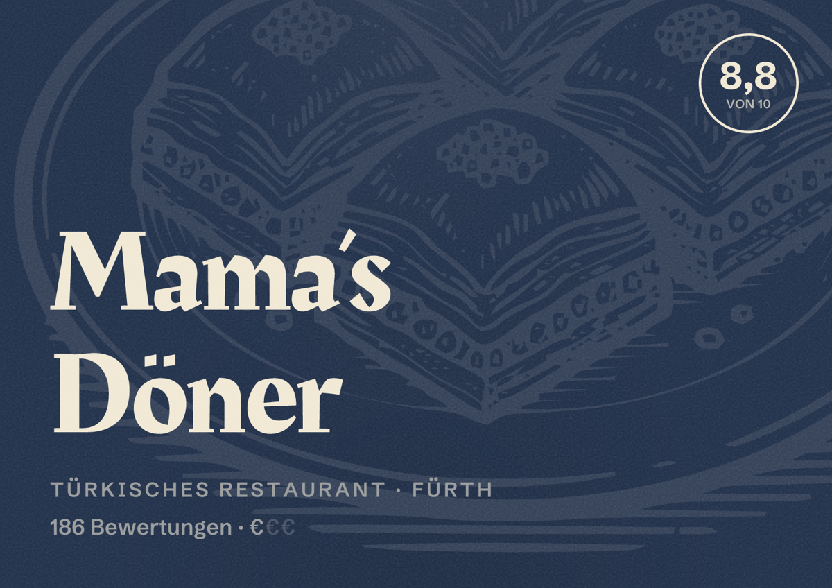 Illustriertes Poster von Mama’s Döner, Türkisches Restaurant in Fürth: Bewertung 8,8 von 10 aus 186 Bewertungen, Preisniveau €