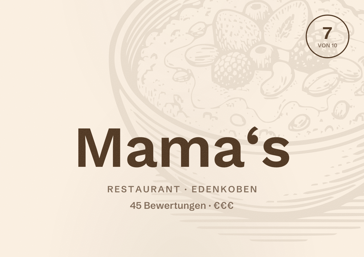 Illustriertes Poster von Mama‘s, Restaurant in Edenkoben: Bewertung 7 von 10 aus 45 Bewertungen, Preisniveau €€€