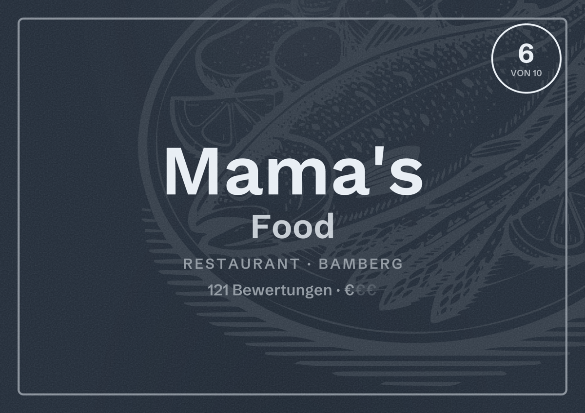 Illustriertes Poster von Mama's Food, Restaurant in Bamberg: Bewertung 6 von 10 aus 121 Bewertungen, Preisniveau €