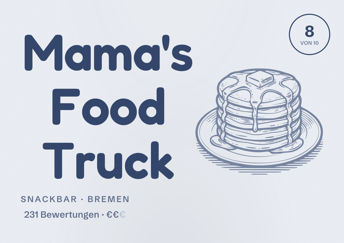 Illustriertes Poster von Mama's Food Truck, Snackbar in Bremen: Bewertung 8 von 10 aus 231 Bewertungen, Preisniveau €€