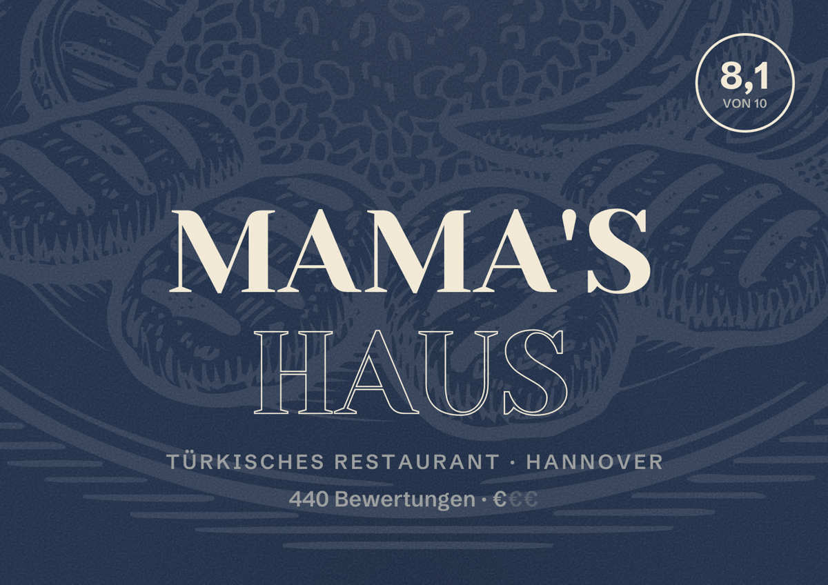 Illustriertes Poster von Mama's Haus, Türkisches Restaurant in Hannover: Bewertung 8,1 von 10 aus 440 Bewertungen, Preisniveau €