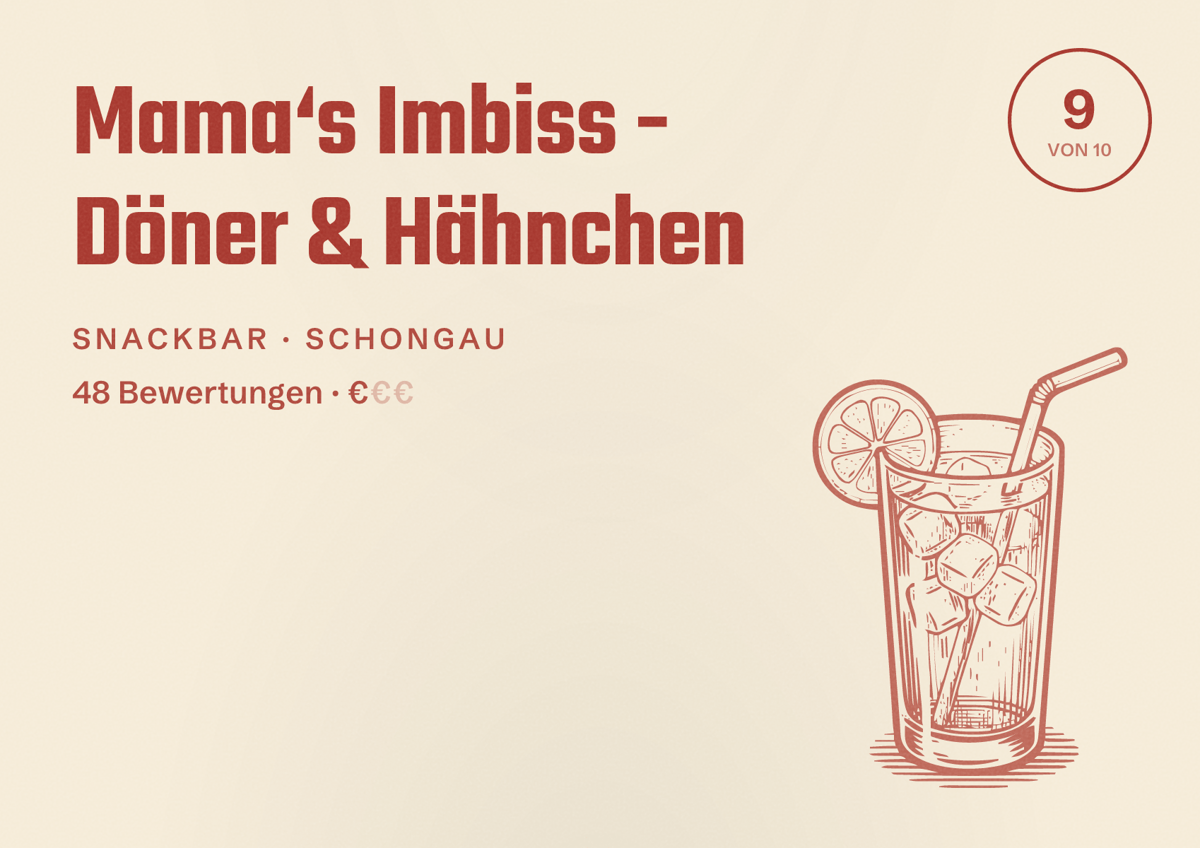 Illustriertes Poster von Mama‘s Imbiss - Döner & Hähnchen, Snackbar in Schongau: Bewertung 9 von 10 aus 48 Bewertungen, Preisniveau €