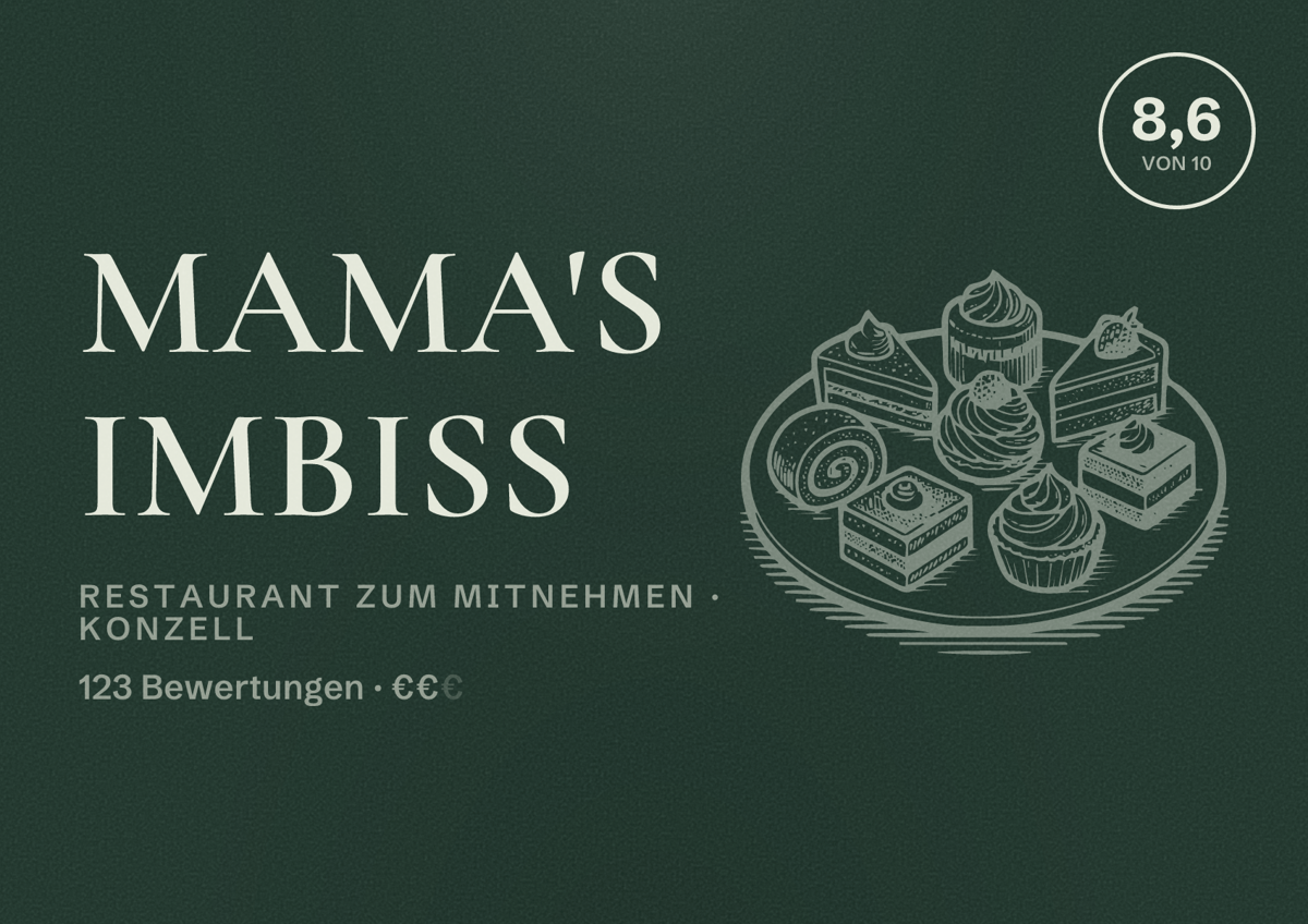 Illustriertes Poster von Mama's Imbiss, Restaurant zum Mitnehmen in Konzell: Bewertung 8,6 von 10 aus 123 Bewertungen, Preisniveau €€
