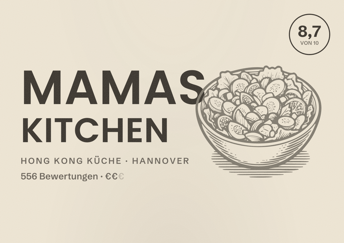 Illustriertes Poster von Mamas Kitchen, Hong Kong Küche in Hannover: Bewertung 8,7 von 10 aus 556 Bewertungen, Preisniveau €€