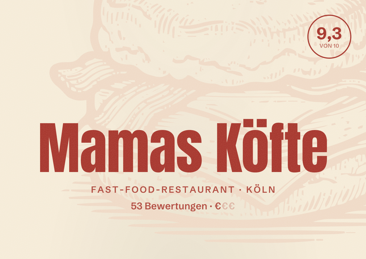 Illustriertes Poster von Mamas Köfte, Fast-Food-Restaurant in Köln: Bewertung 9,3 von 10 aus 53 Bewertungen, Preisniveau €