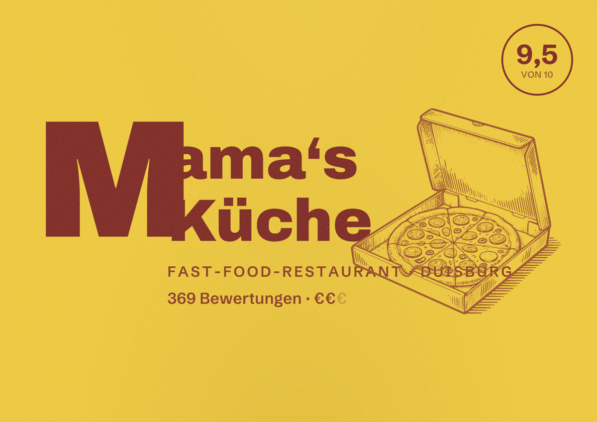Illustriertes Poster von Mama‘s Küche, Fast-Food-Restaurant in Duisburg: Bewertung 9,5 von 10 aus 369 Bewertungen, Preisniveau €€