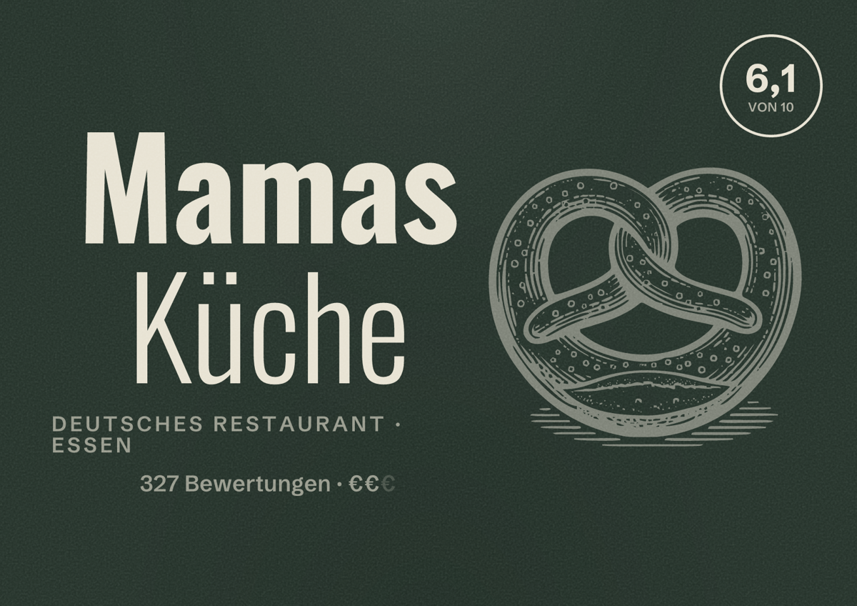 Illustriertes Poster von Mamas Küche, Deutsches Restaurant in Essen: Bewertung 6,1 von 10 aus 327 Bewertungen, Preisniveau €€