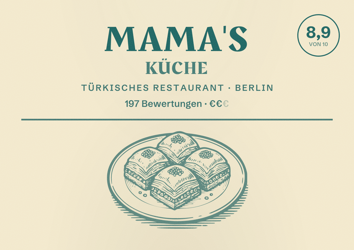 Illustriertes Poster von Mama's Küche, Türkisches Restaurant in Berlin: Bewertung 8,9 von 10 aus 197 Bewertungen, Preisniveau €€