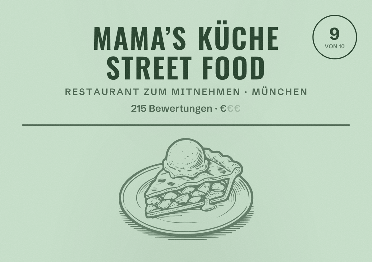 Illustriertes Poster von Mama’s Küche Street Food, Restaurant zum Mitnehmen in München: Bewertung 9,0 von 10 aus 215 Bewertungen, Preisniveau €