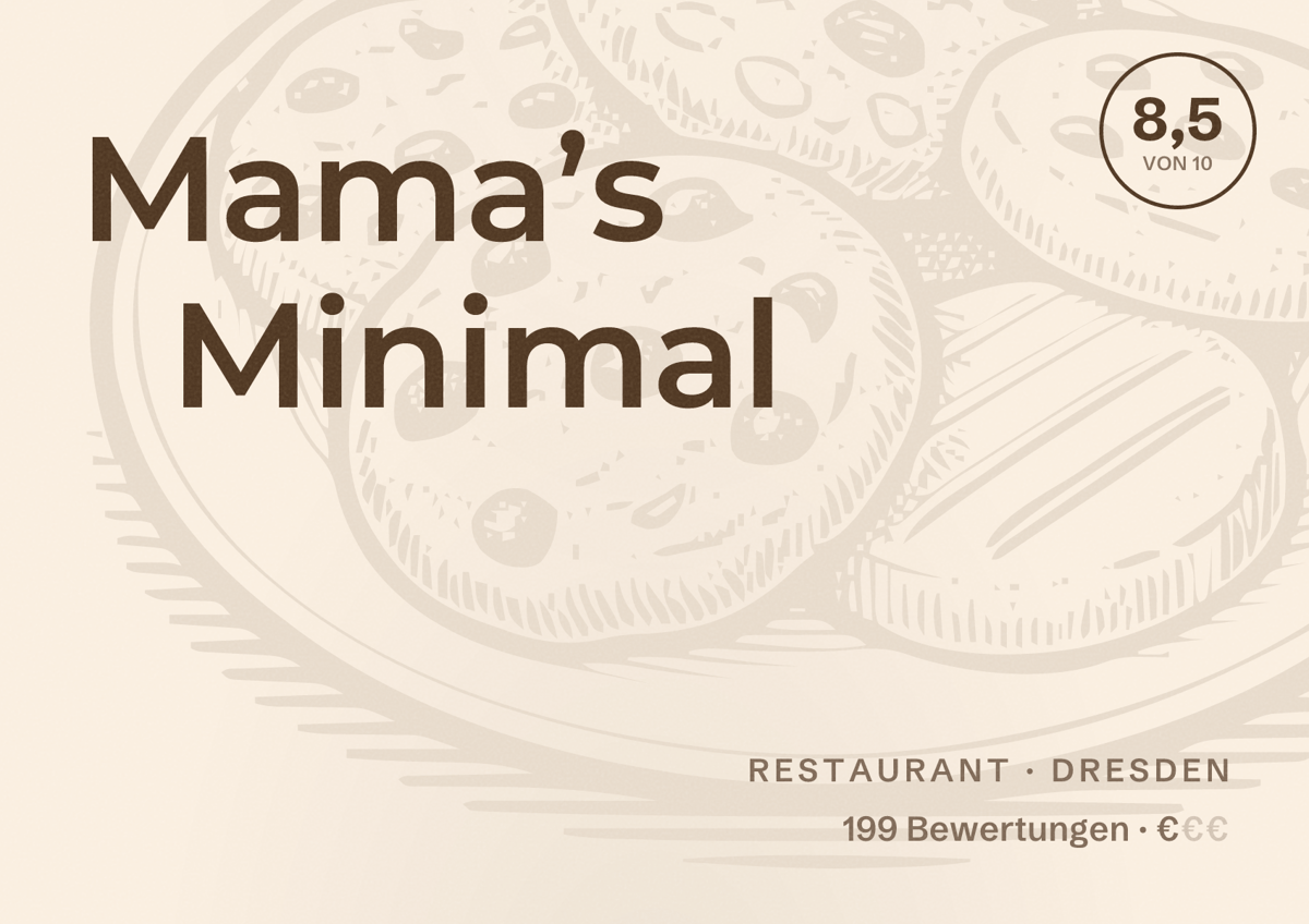 Illustriertes Poster von Mama’s Minimal, Restaurant in Dresden: Bewertung 8,5 von 10 aus 199 Bewertungen, Preisniveau €