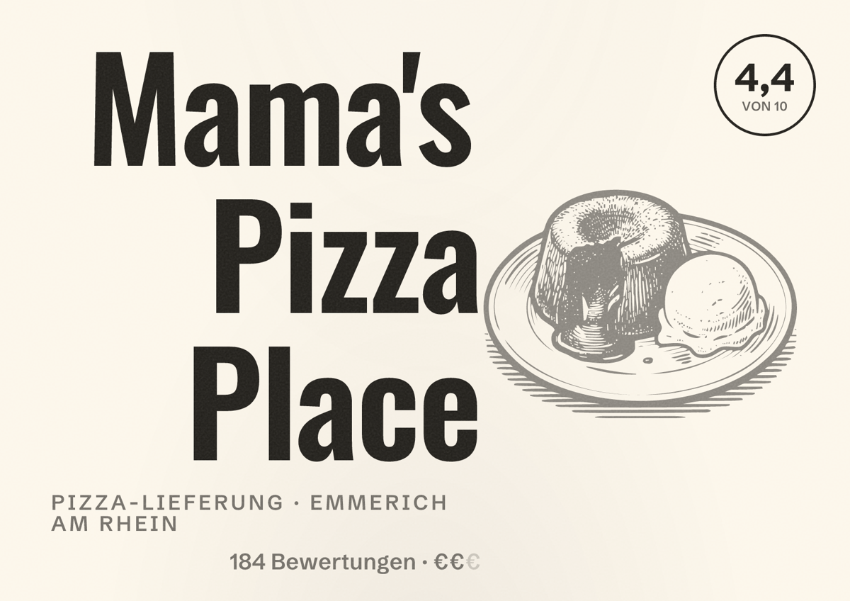 Illustriertes Poster von Mama's Pizza Place, Pizza-Lieferung in Emmerich am Rhein: Bewertung 4,4 von 10 aus 184 Bewertungen, Preisniveau €€
