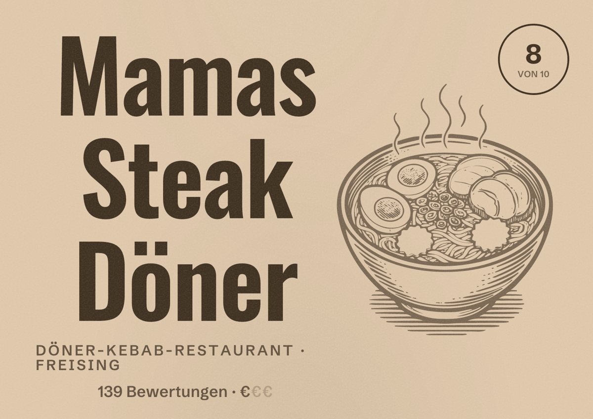 Illustriertes Poster von Mamas Steak Döner, Döner-Kebab-Restaurant in Freising: Bewertung 8 von 10 aus 139 Bewertungen, Preisniveau €