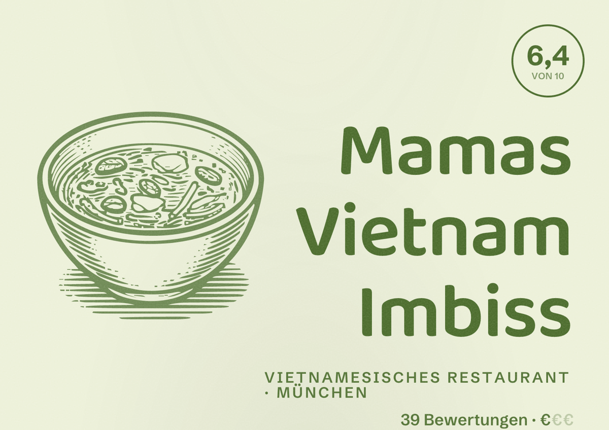 Illustriertes Poster von Mamas Vietnam Imbiss, Vietnamesisches Restaurant in München: Bewertung 6,4 von 10 aus 39 Bewertungen, Preisniveau €