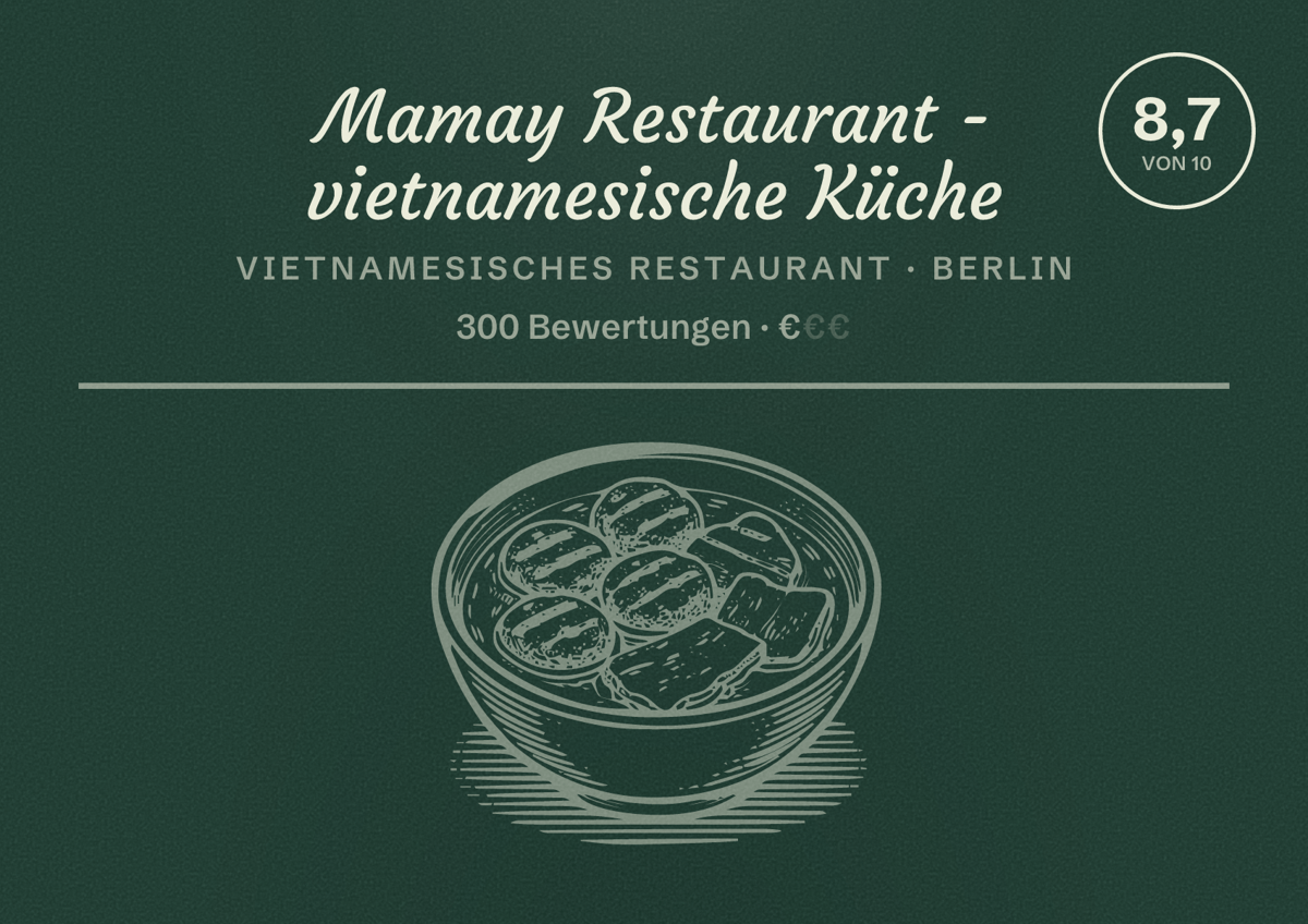 Illustriertes Poster von Mamay Restaurant - vietnamesische Küche, Vietnamesisches Restaurant in Berlin: Bewertung 8,7 von 10 aus 300 Bewertungen, Preisniveau €