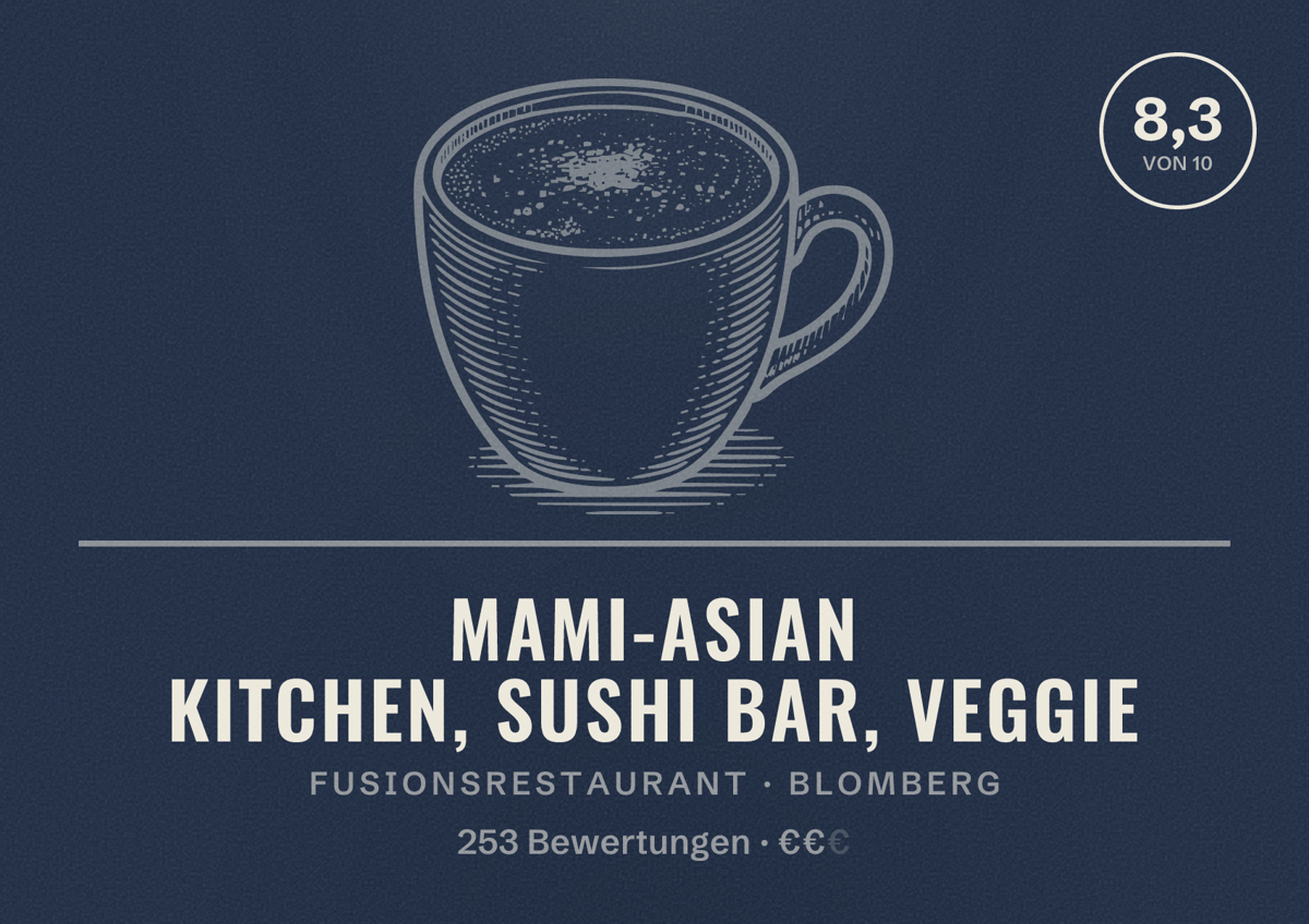 Illustriertes Poster von Mami-Asian Kitchen, Sushi Bar, Veggie, Fusionsrestaurant in Blomberg: Bewertung 8,3 von 10 aus 253 Bewertungen, Preisniveau €€